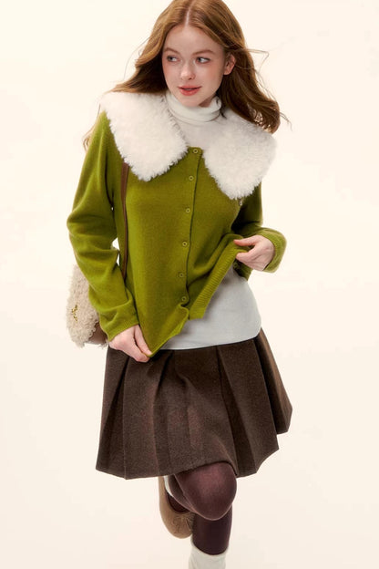 Wool Detachable Fur Collar Cardigan