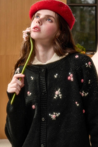 Hand-Embroidered Wool Cardigan