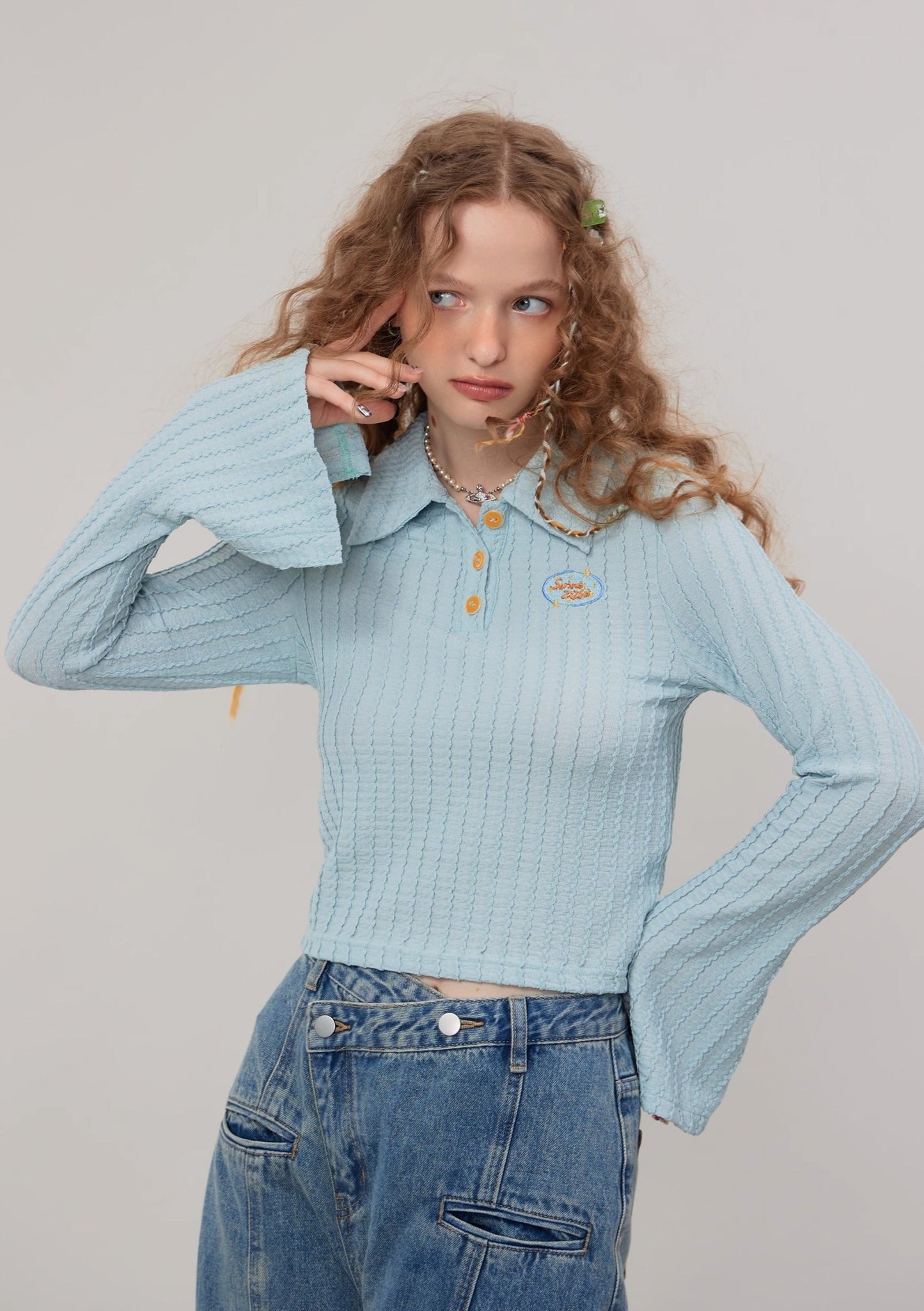 American embroidered flared sleeves knitted T-shirt