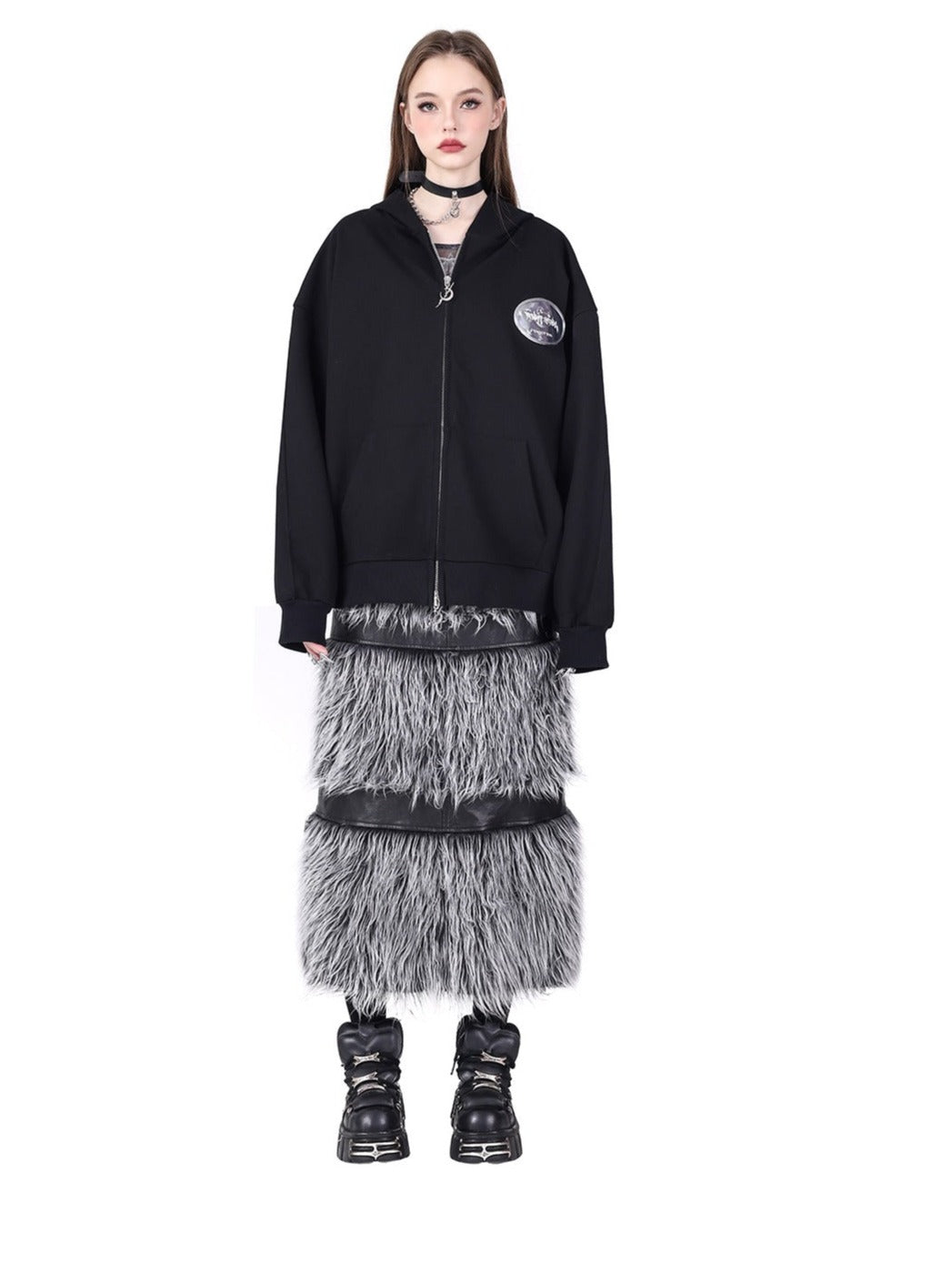 Double Zipper Black Silver Y2K Fur Skirt