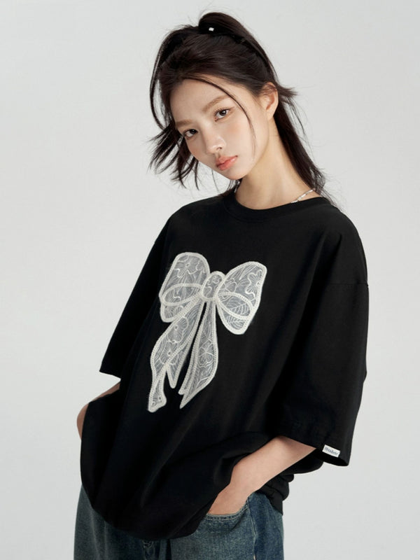 Casual Fun Lace Bow Short Sleeve T-Shirt