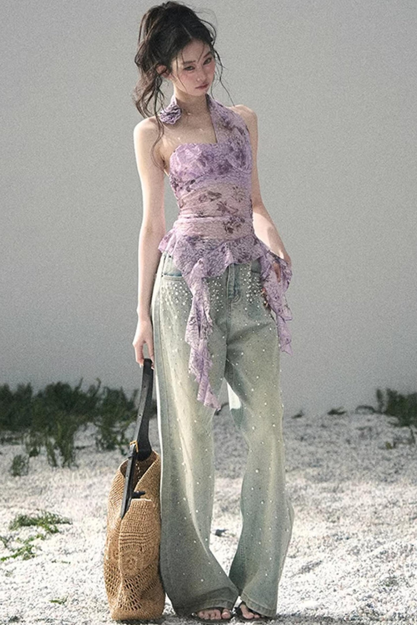 Pantalon en jean bleu clair perlé