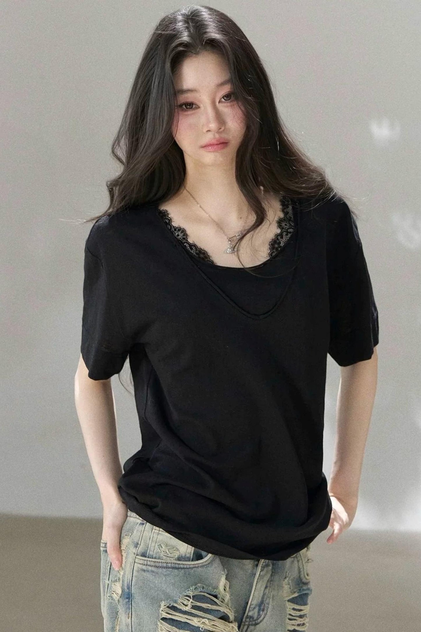 Layered-Look V-Neck Oversized Blouse