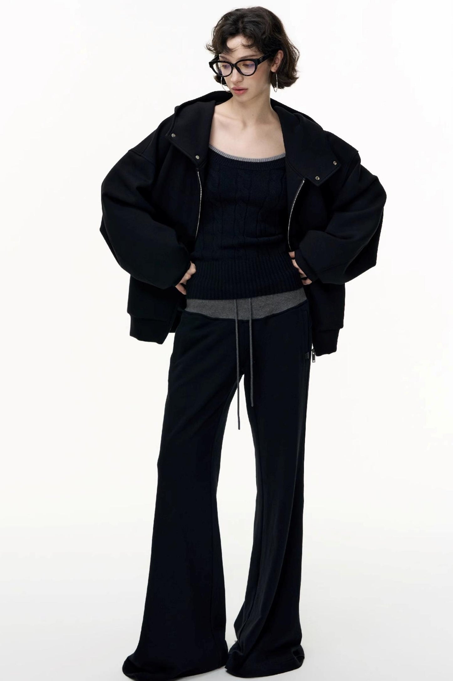 Drawstring Cotton Flared Sweatshirt Slacks