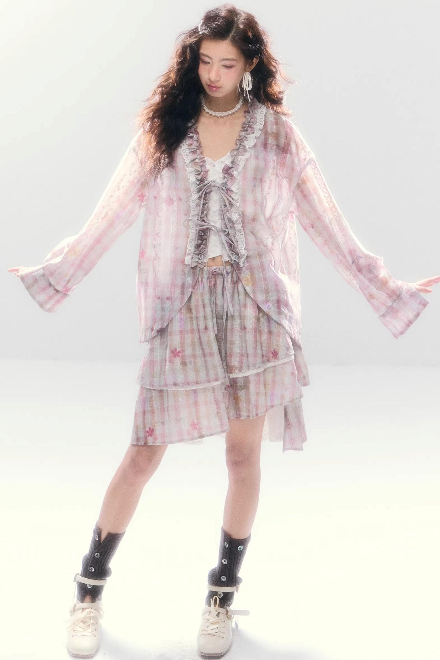 Lace-Tie Cotton Cardigan Matching Set