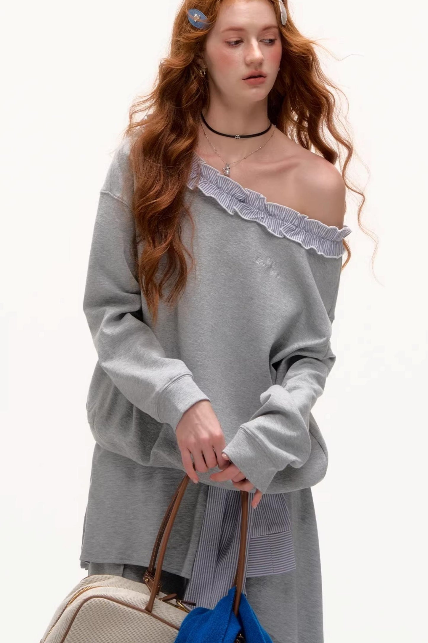 Asymmetrical Striped Ruffle Sweatshirt