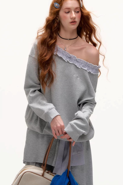 Asymmetrical Striped Ruffle Sweatshirt
