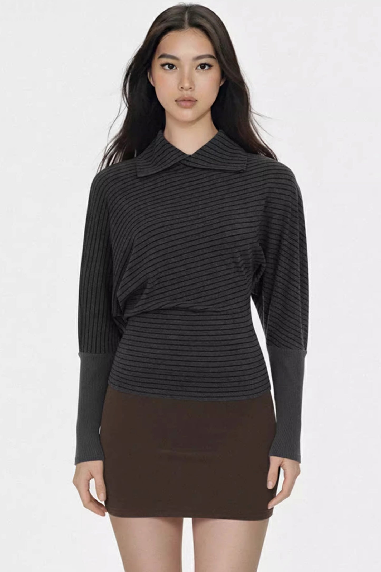 Dark Gray Striped Pleated Top