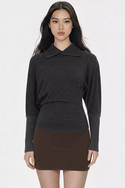 Dark Gray Striped Pleated Top