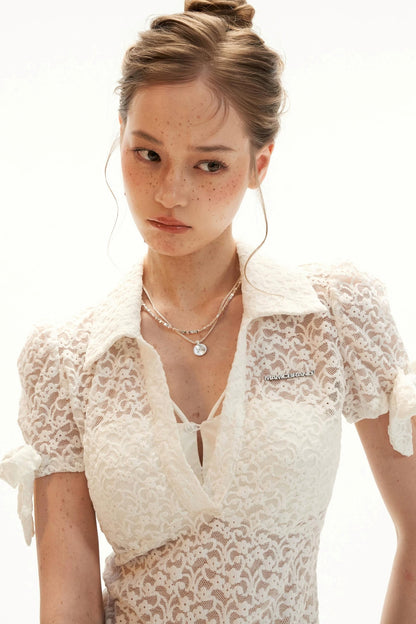 Lace Bow Puff Sleeve Top