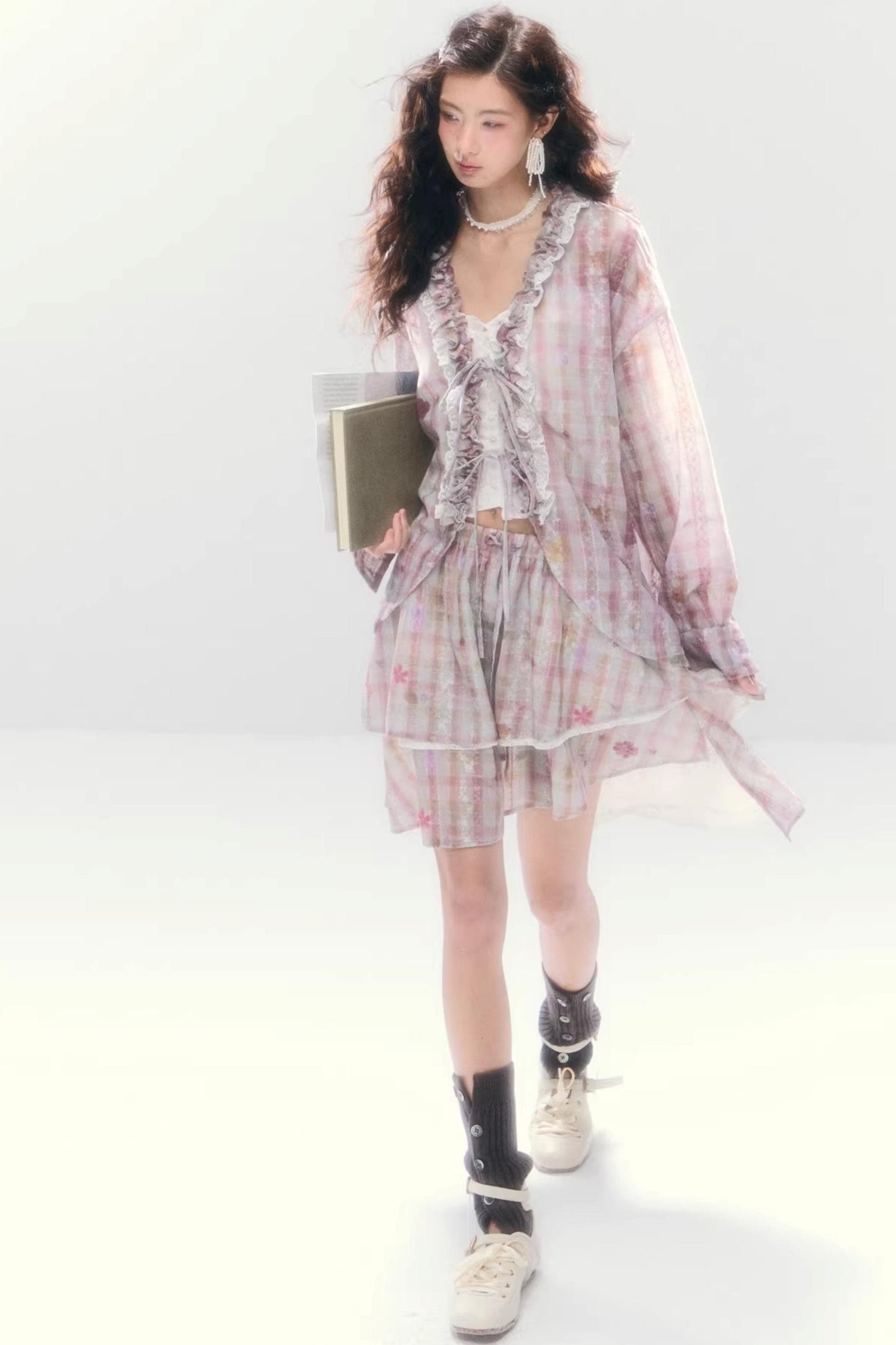 Lace-Tie Cotton Cardigan Matching Set