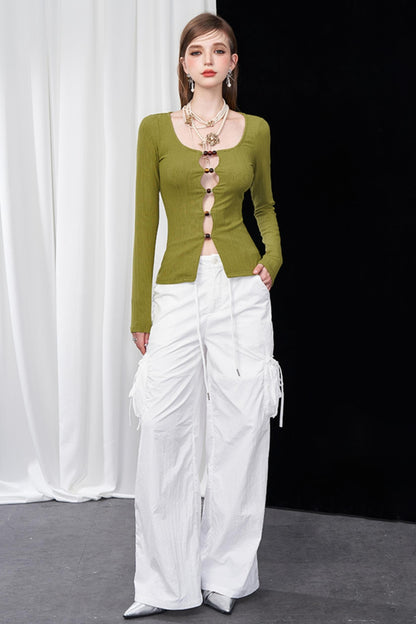 Color Beaded U-Neck Long Sleeve Tee