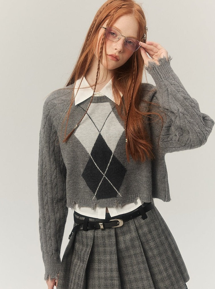 Diamond Checkered Knit Tops