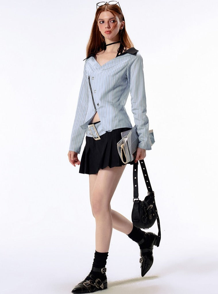 Zipper waist doll collar slit striped Shirt