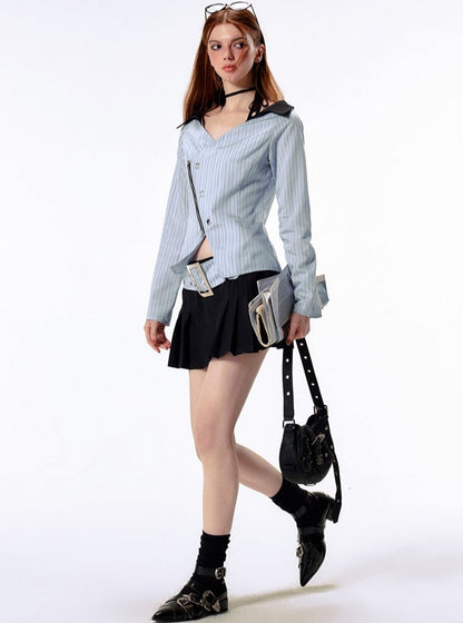 Zipper waist doll collar slit striped Shirt