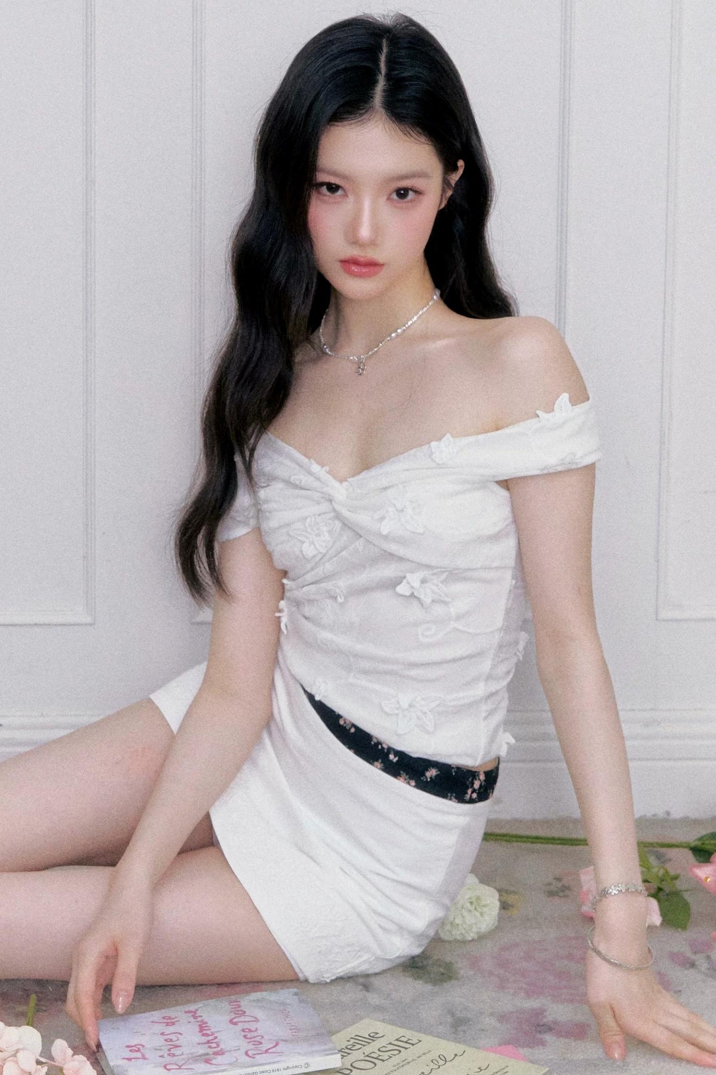 달빛 자카드 원숄더 상의 셋업