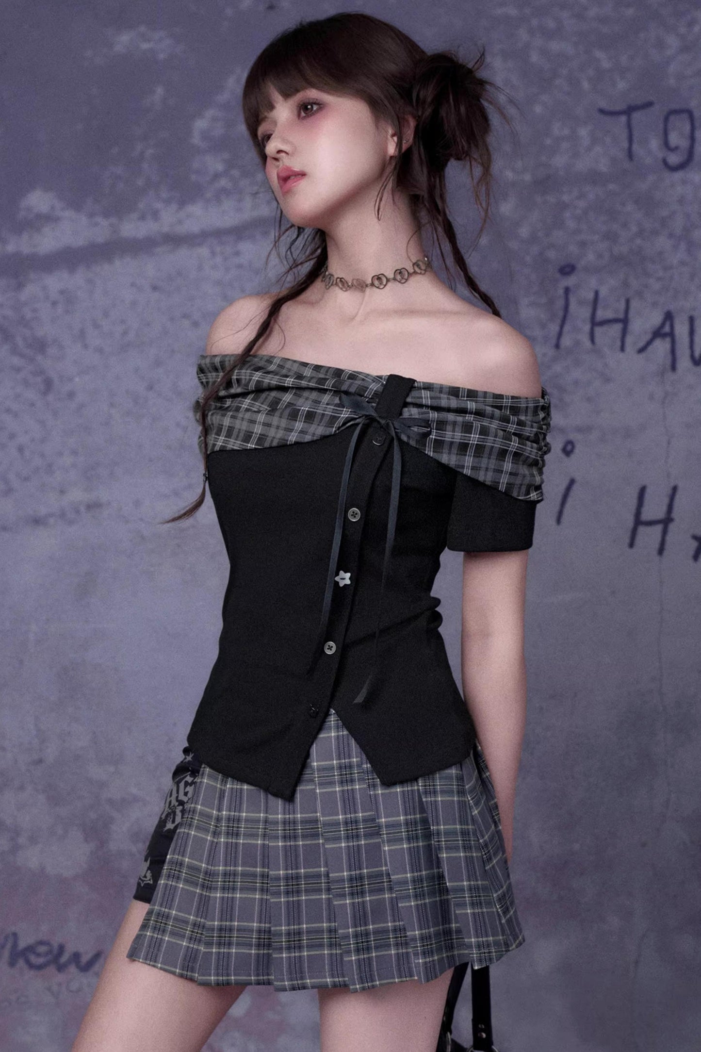 Plaid Bow-Knot One-Shoulder Matching Set