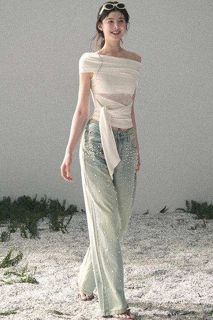 Pantalon en jean bleu clair perlé