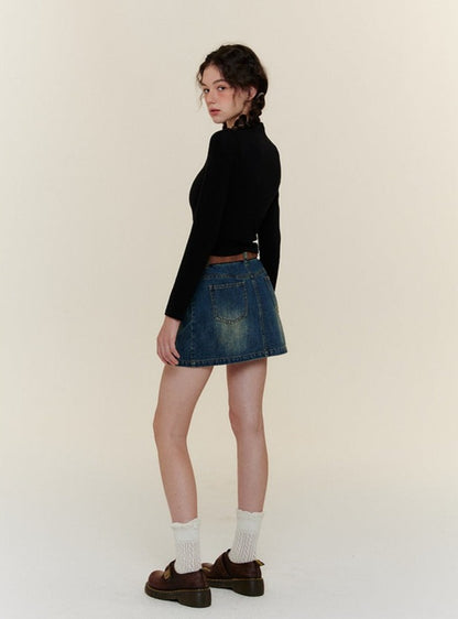 AMERICAN RETRO WAIST A-LINE SMALL DENIM  SKIRT