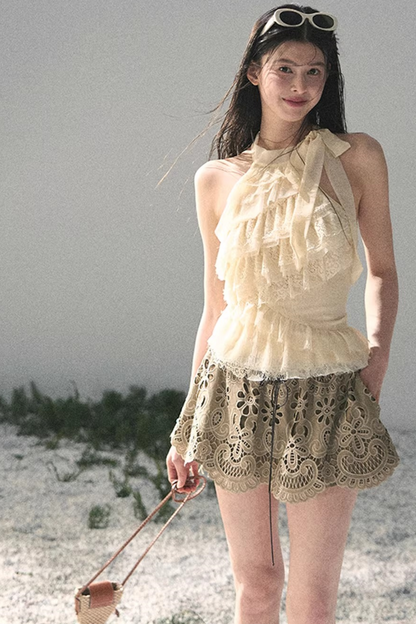Floral Hollow-Out Puffy Skirt