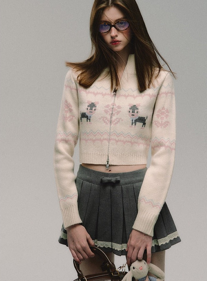 vintage stand-up collar sweater skirt set