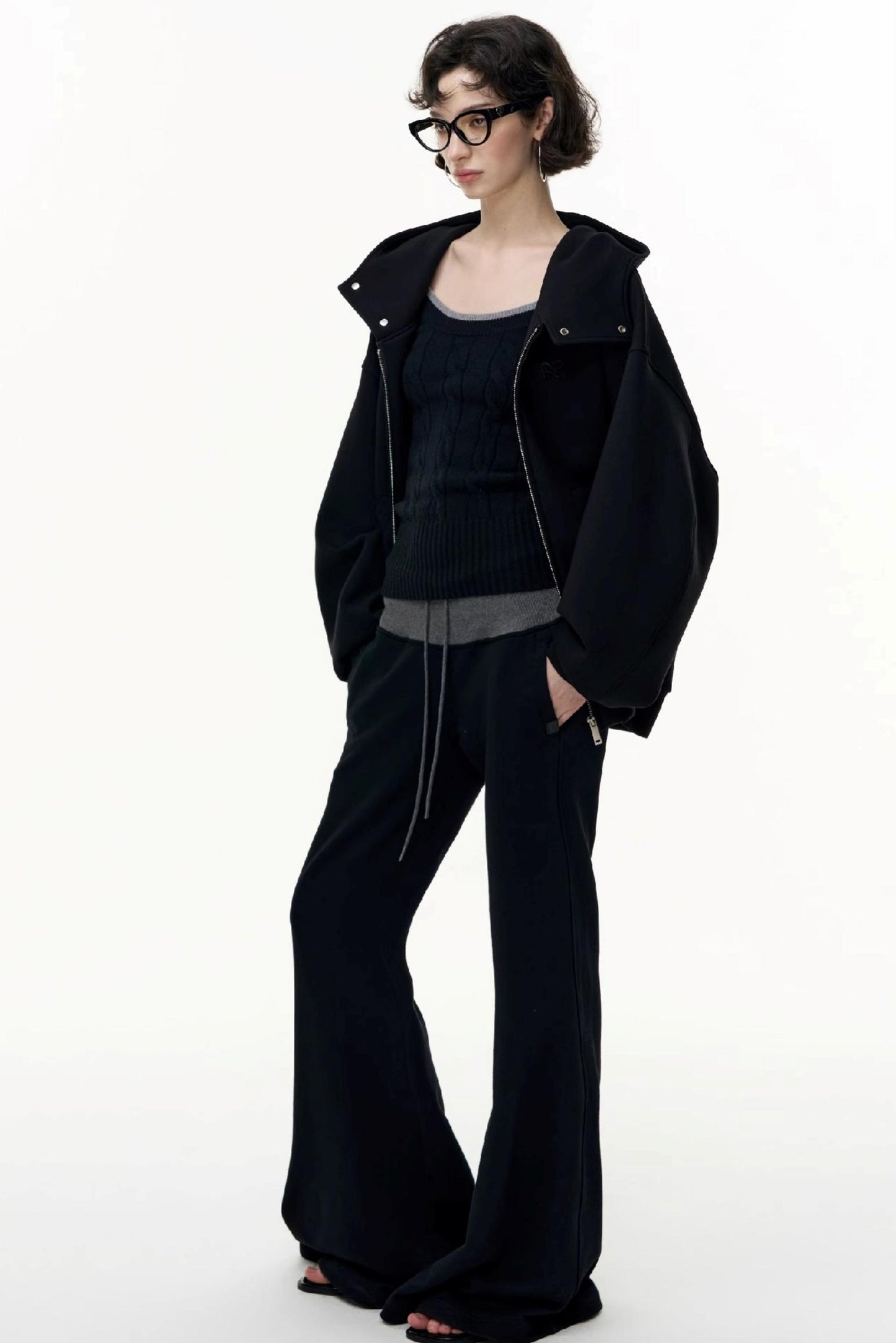 Drawstring Cotton Flared Sweatshirt Slacks