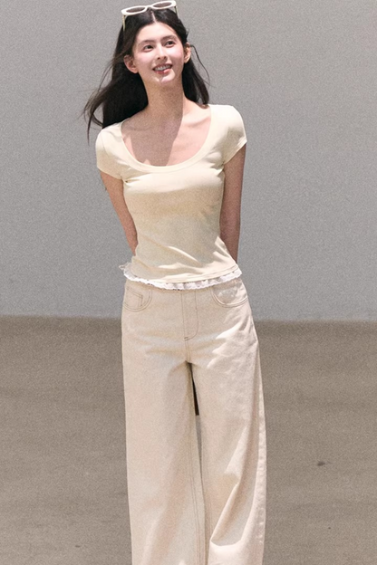 Washed Wide-Leg Lace Pants