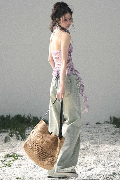 Pantalon en jean bleu clair perlé