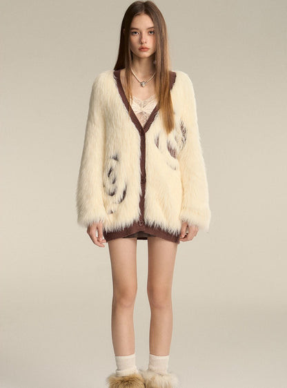 V-Neck Knitted Eco-Fur Lazy Jacket