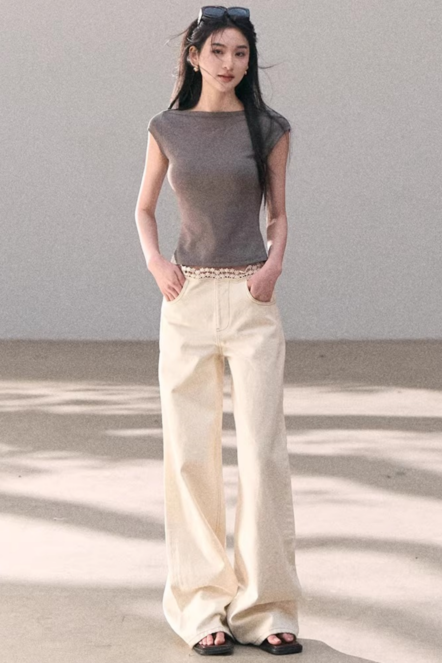 Washed Wide-Leg Lace Pants