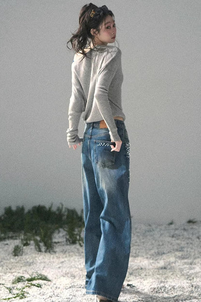 Pantalon en jean bleu clair perlé