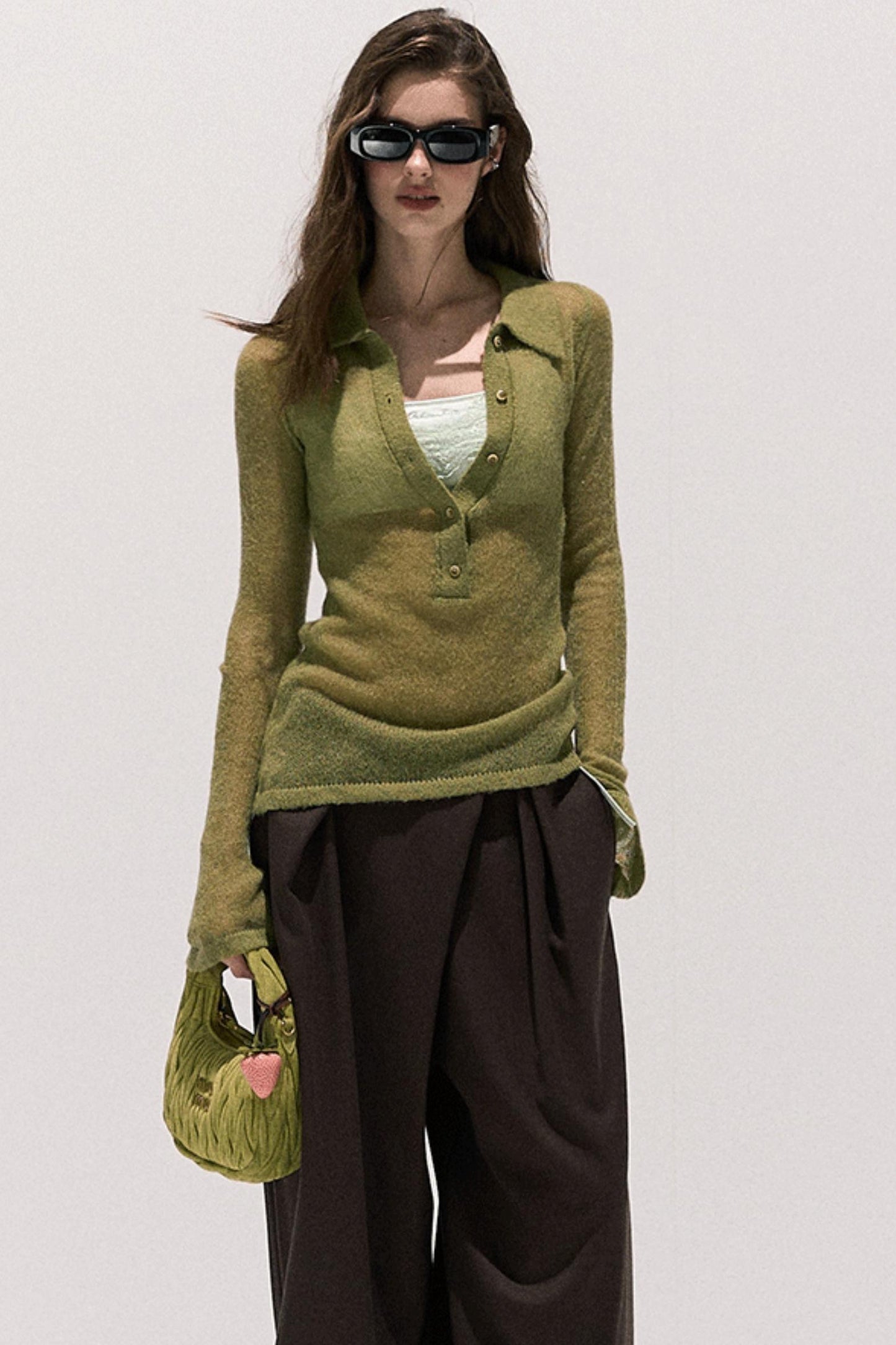 V-Neck Long Sleeve Wool Knit Top