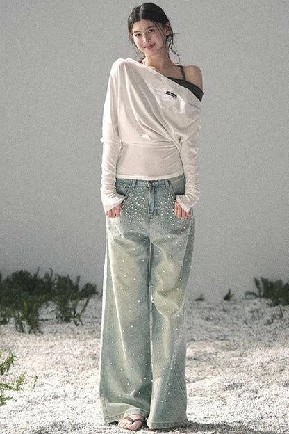 Pantalon en jean bleu clair perlé