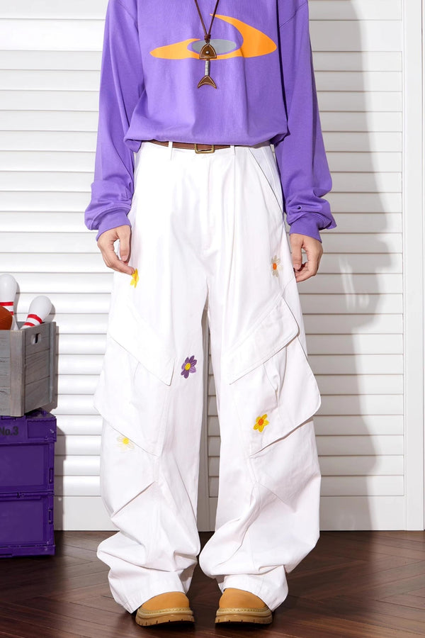 Floral Embroidered Wide-Leg Pants