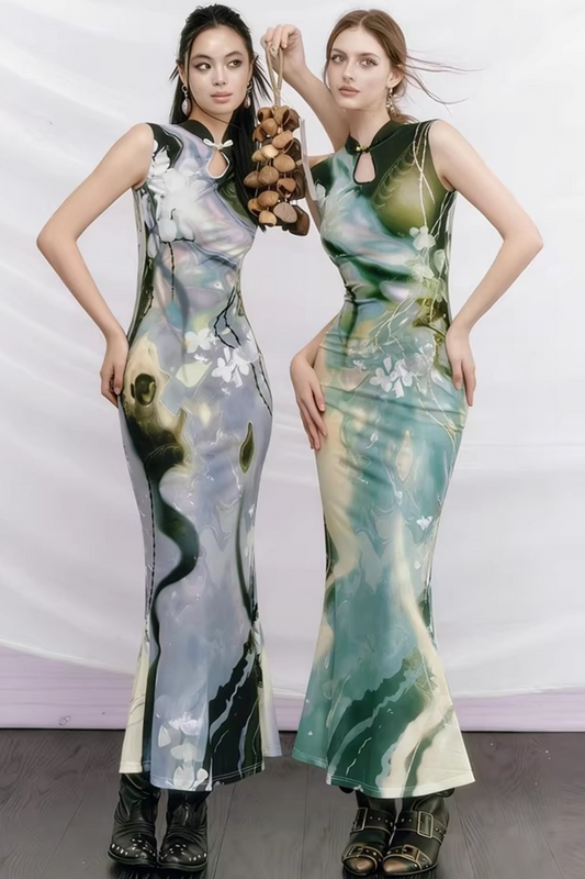 Black Rose Impressionist Cheongsam Dress