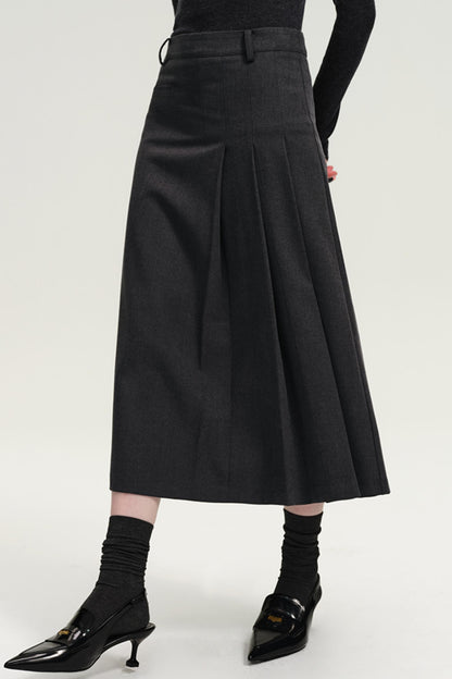 French Woolen High-Waisted Pleated Skirt