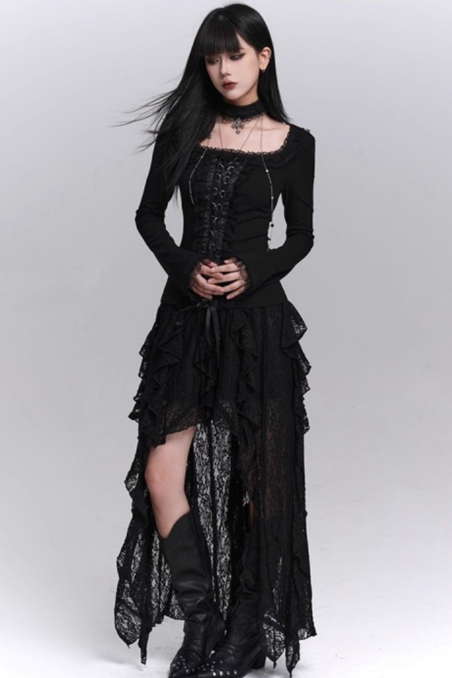 Gothic Black Slim Long Sleeve Top