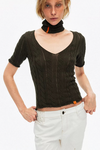 Hollow-Out Knit V-Neck Top