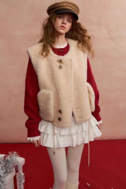 Buttoned Lamb Wool Reversible Vest