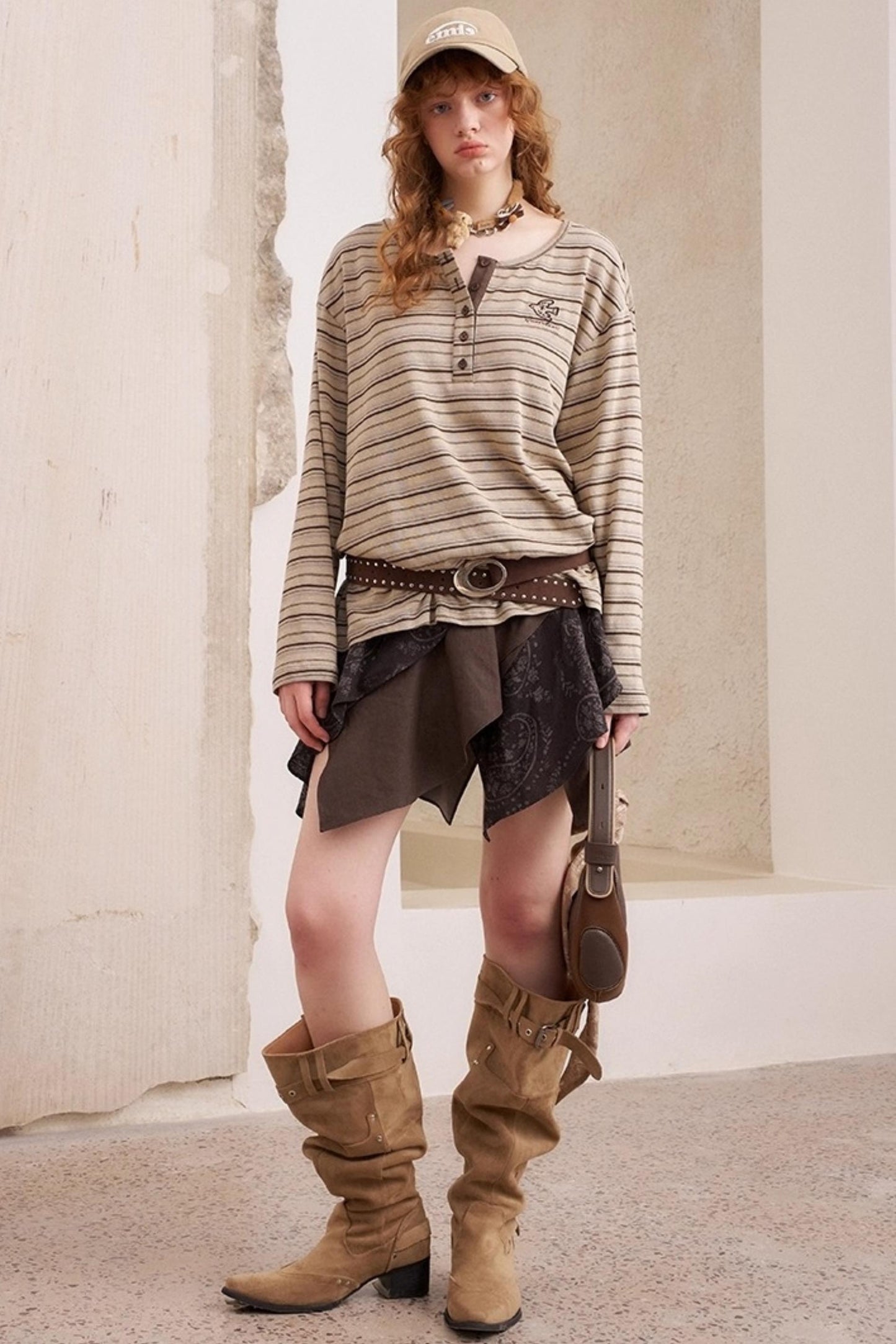 Striped Loose Crew Neck Embroidered T-Shirt