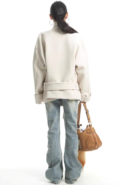 Off-White Woolen Stand-Up Collar Coat