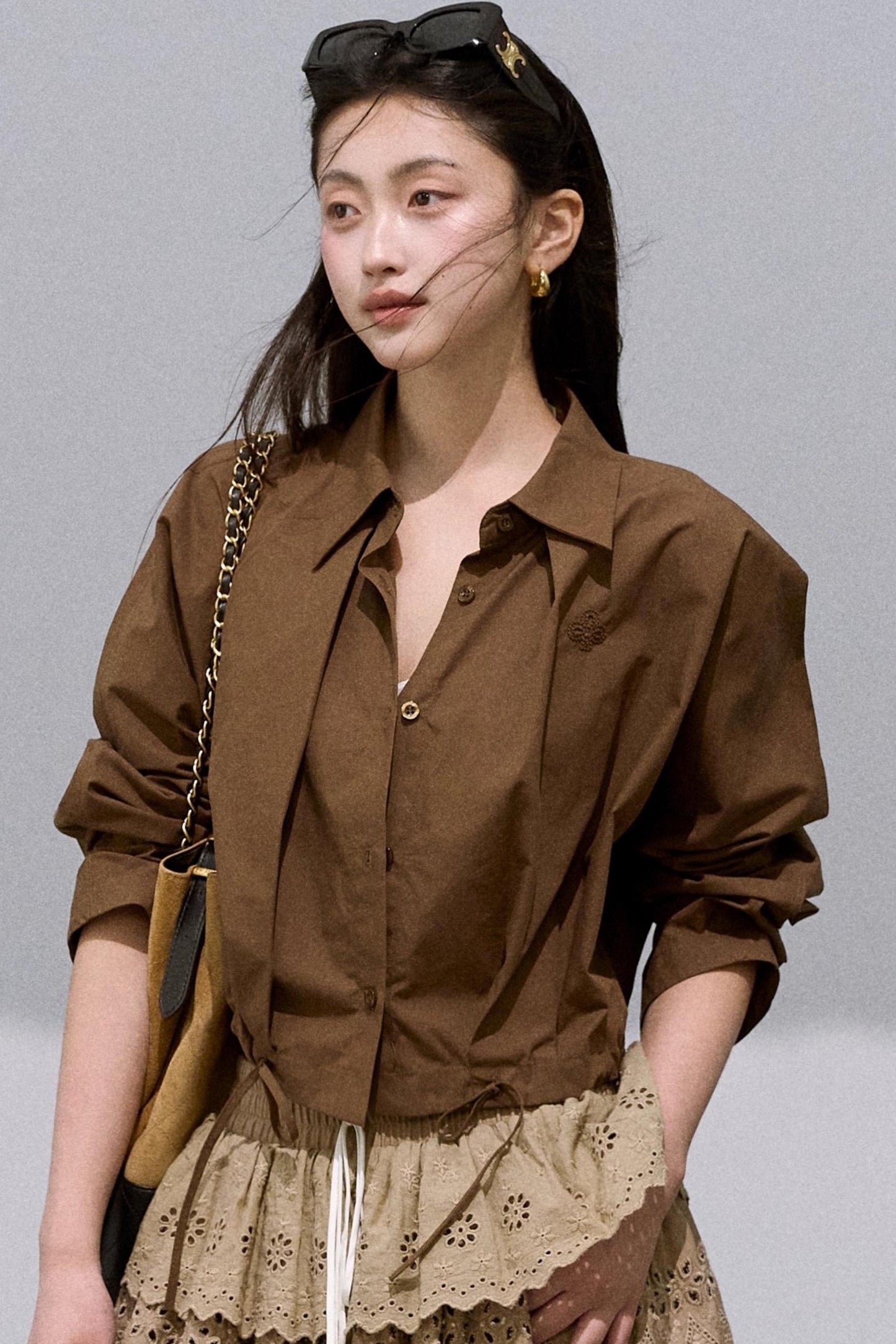 Cropped Lace-Up Cotton Shirt