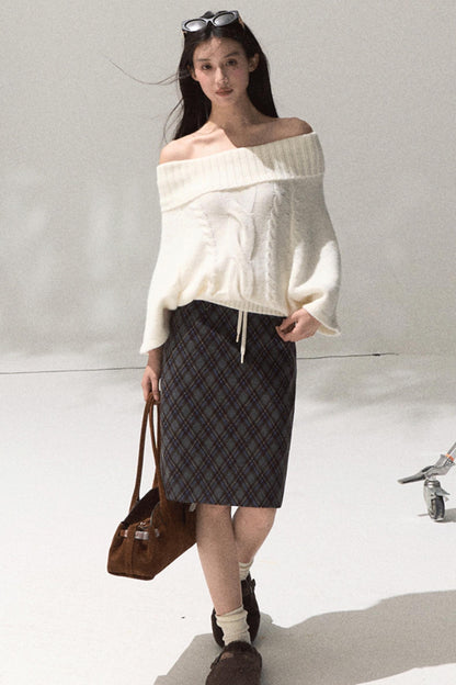 Wool Twist Knit Cape Sweater Top Skirt Set-Up