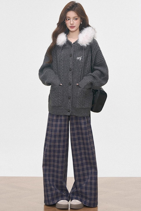 Fur Collar Knitted Jacket Set-Up