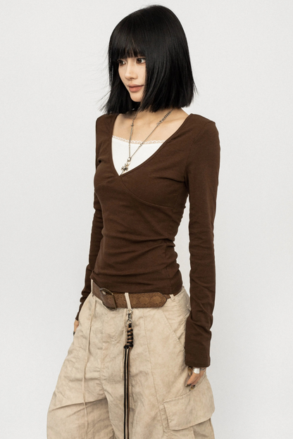 Retro Color-Block V-Neck Top