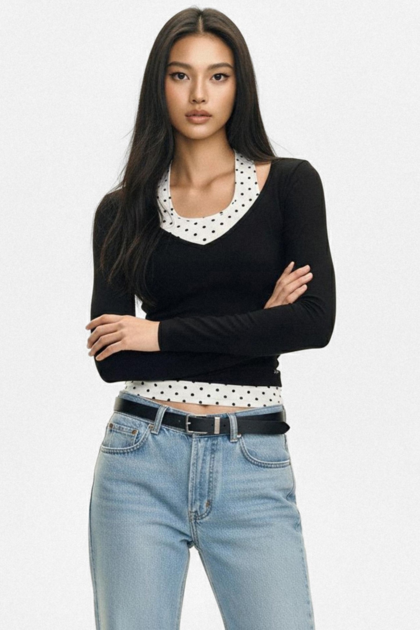 Polka Dot V-Neck Layered T-Shirt Set