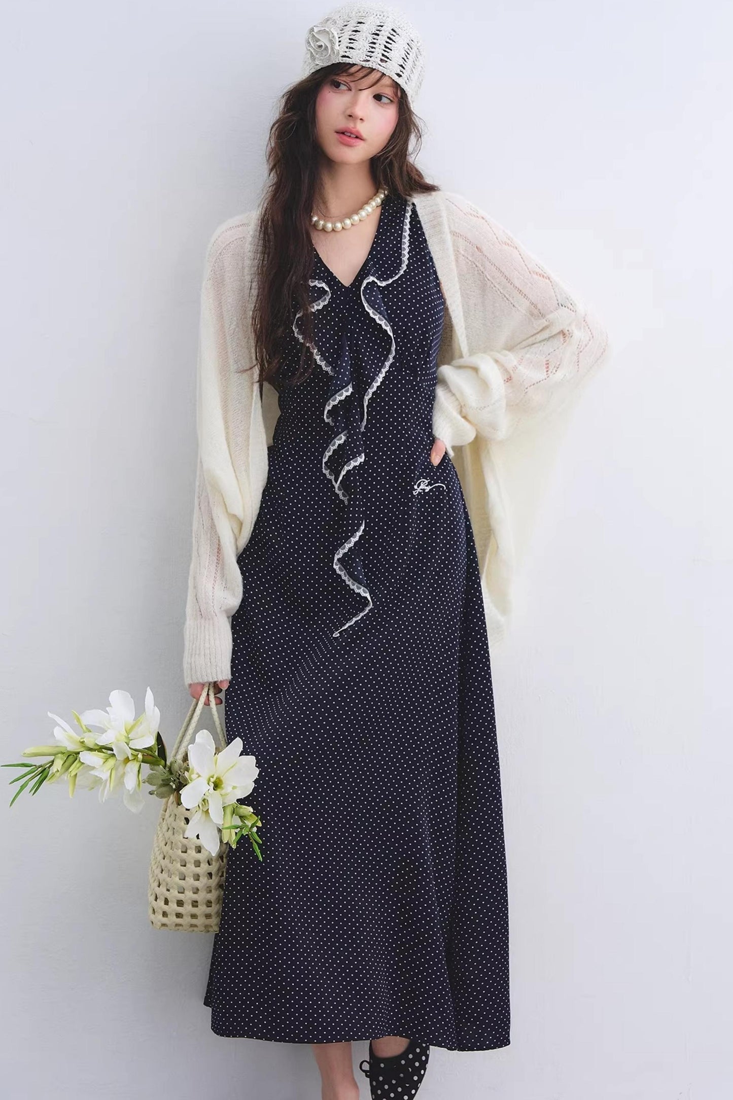 Marineblaues Rüschen-Spitzenkleid