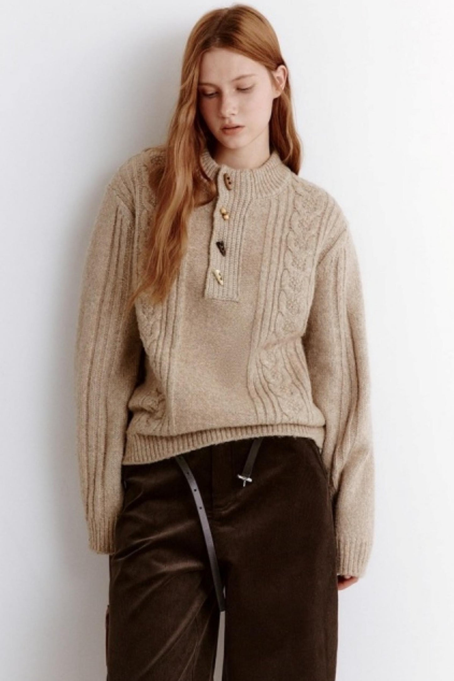 Natural Wooden Horn Buckle Knit Sweater