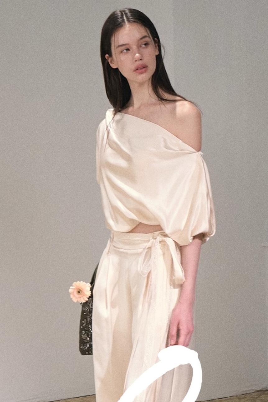Acetate Bud Slanted Shoulder Top & Pants Set-Up