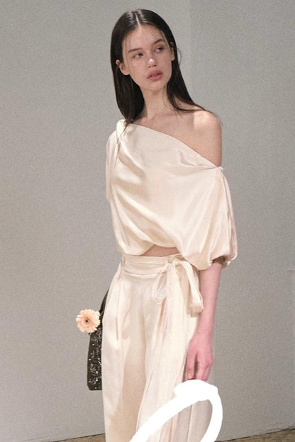 Acetate Bud Slanted Shoulder Top & Pants Set-Up